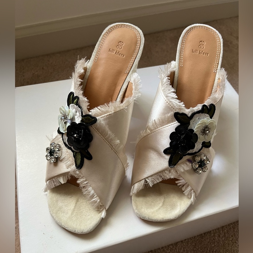 Bill Blass Cream Floral Sequin Satin Heels